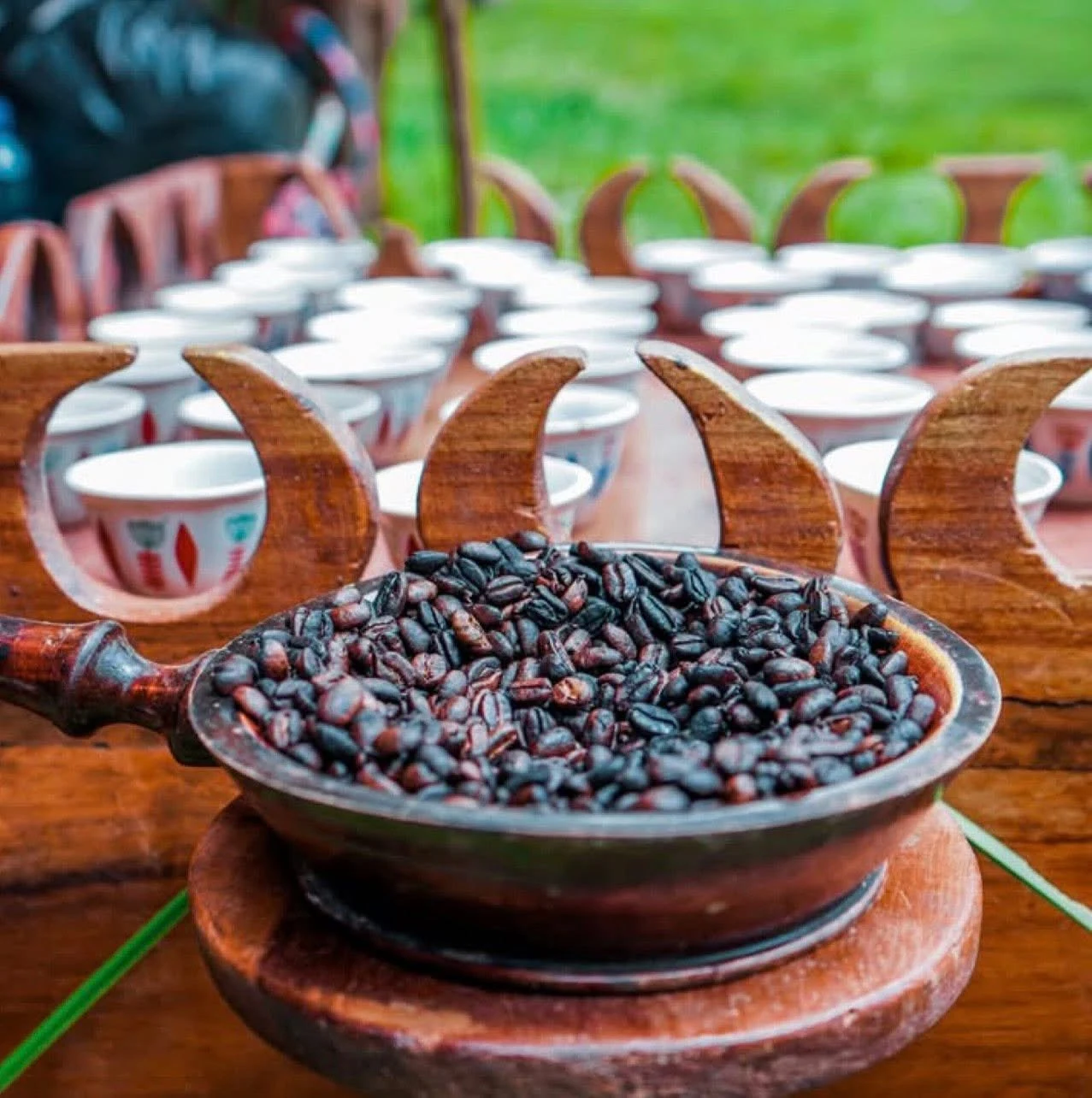 Roasted coffee beans and Ethiopian coffee ceremony