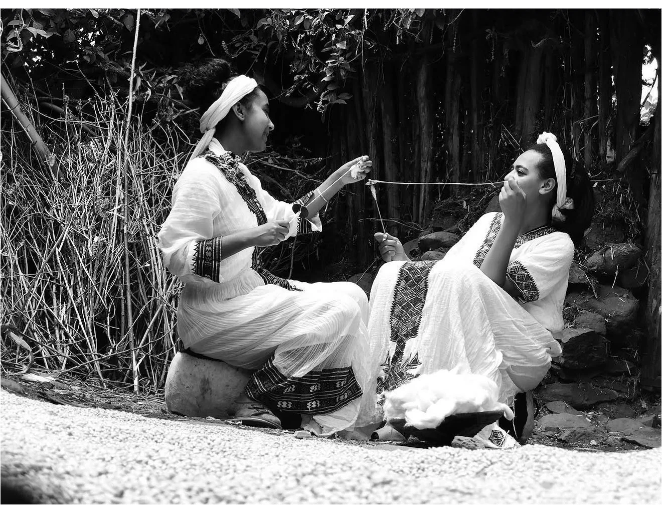 Traditional Ethiopian hand cotton spinning photographed in black and white